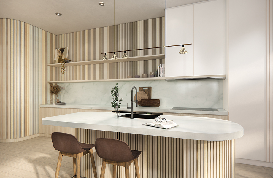 CR8578 Sund Elm, CR5018 Calacatta Cava, CR3200 Ultra White