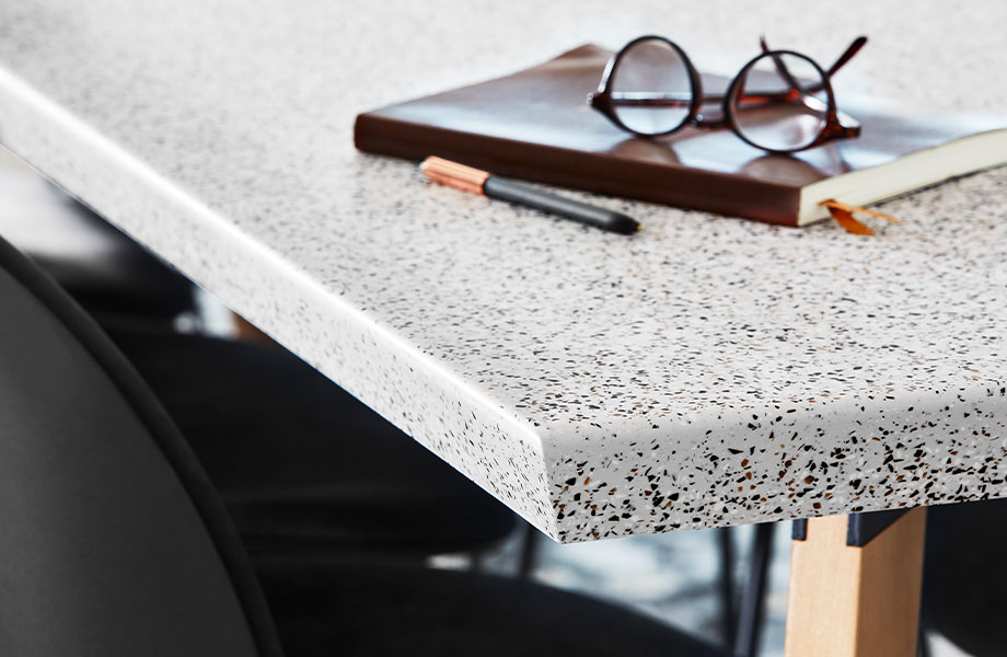 412 Dalmata Terrazzo Matrix table corner with notebook and glasses
